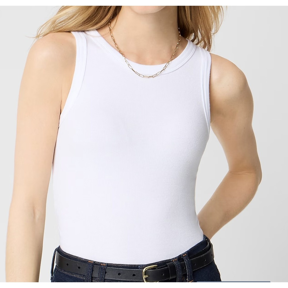 J.Crew Ribbed High-Neck Tank Top Womens L White Cotton Blend Classic Minimalist